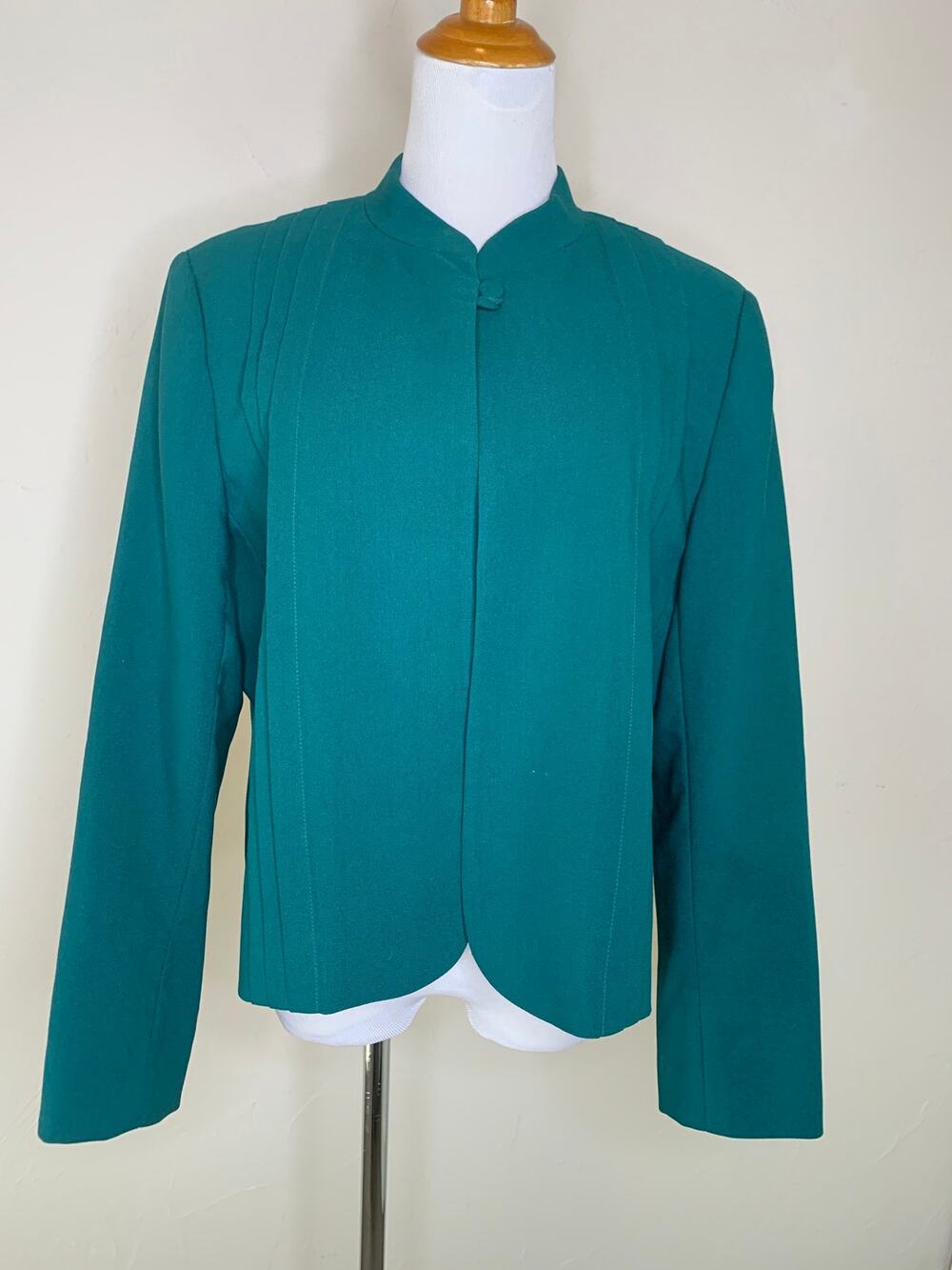 Vintage 1960s? Teal Open Front Structured Blazer Mandarin Neckline ? Medium